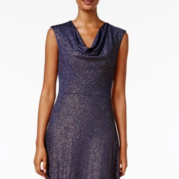 Women’s Formal Dress Size 16 Navy Glitter Shimmer Cap Sleeve Cowl Neck TAHARI - Picture 3 of 8